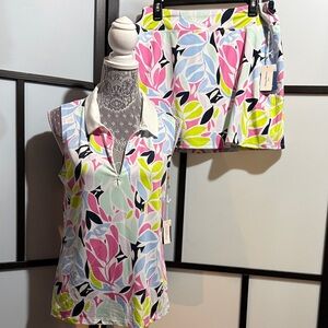 Tommy Bahama Pink Blue Lime Leaf-Print Golf Skort & Polo Set